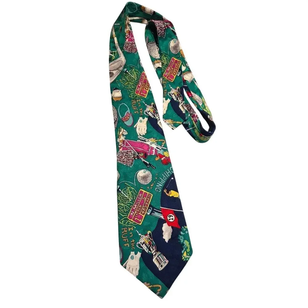 Nicole Miller Golf Tie Silk Green Novelty Necktie Golfer In The Ruff 1993 Mens